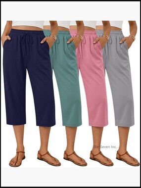 Women's Wide Leg Yoga Capri Pants with Pockets Drawstring 4 Pack